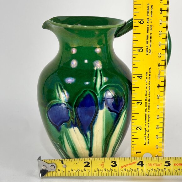 Antique Awaji Pottery Blue White Iris Green Pitcher Awaji Ware Glazed Japan - Picture 16 of 16